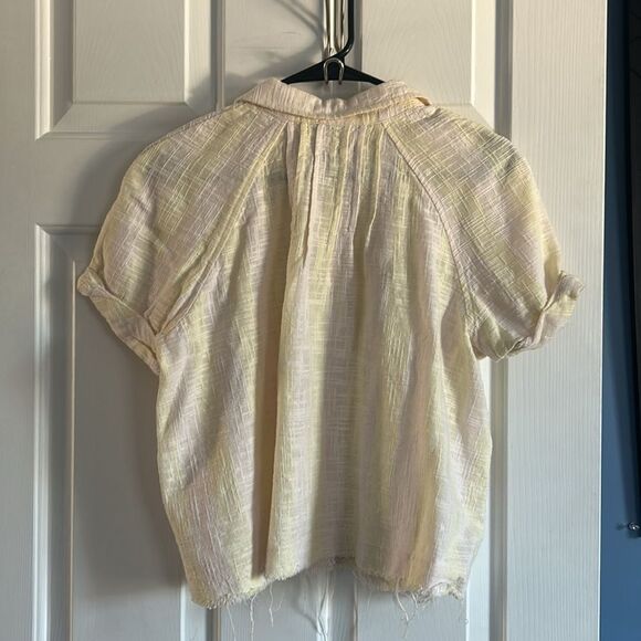 Free People We the Free Away at Sea Striped Frayed Hem Linen Blend Shirt Size L - Picture 7 of 7
